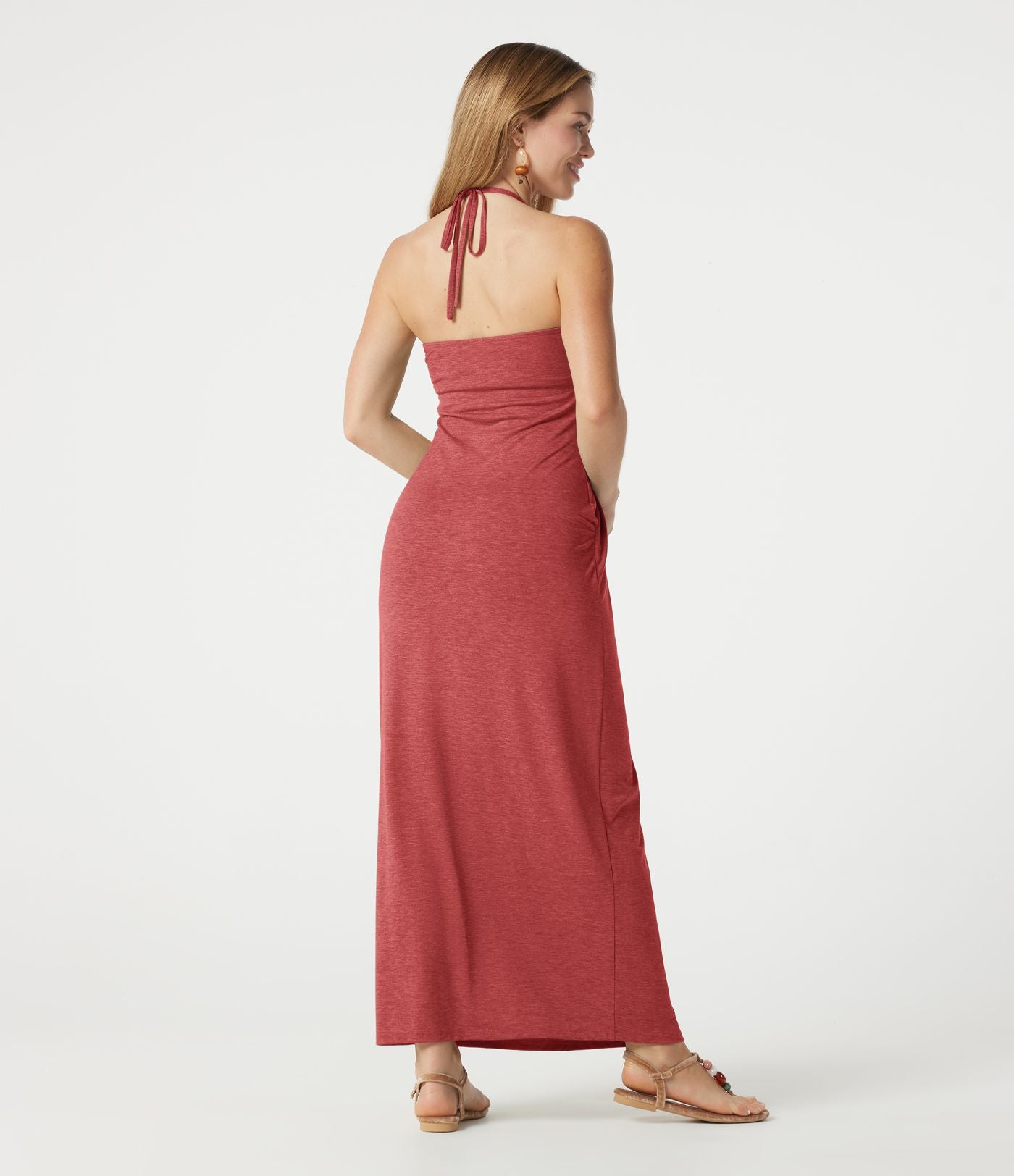 Robe longue chinée dos-nu à nouer, brassière intégrée, à poches