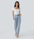 Halara Flex™ Jean droit extensible à taille haute avec bouton, fermeture éclair et poches multiples