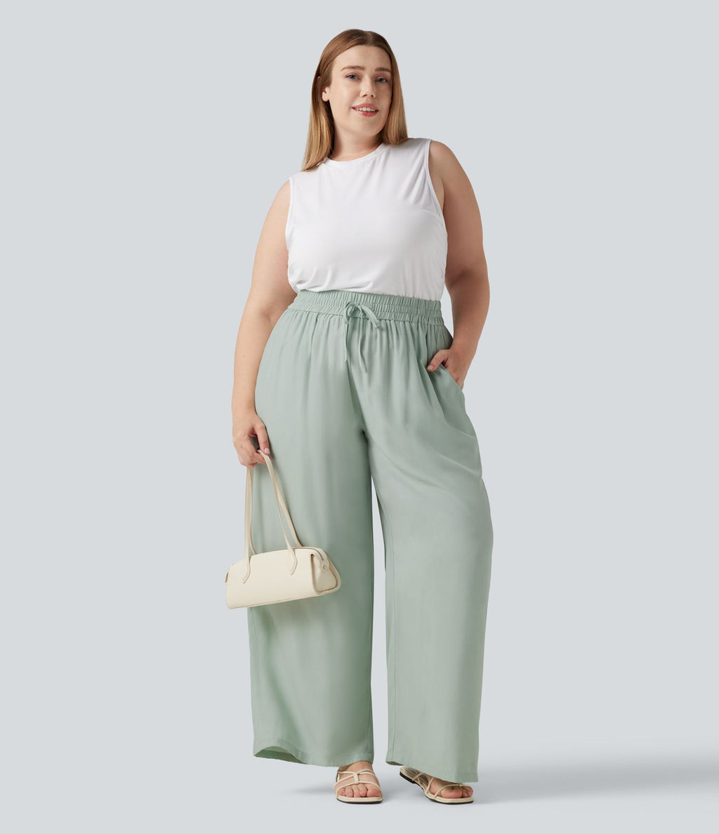 Pantalon large grande taille taille haute avec cordon de serrage et poches