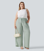 Pantalon large grande taille taille haute avec cordon de serrage et poches