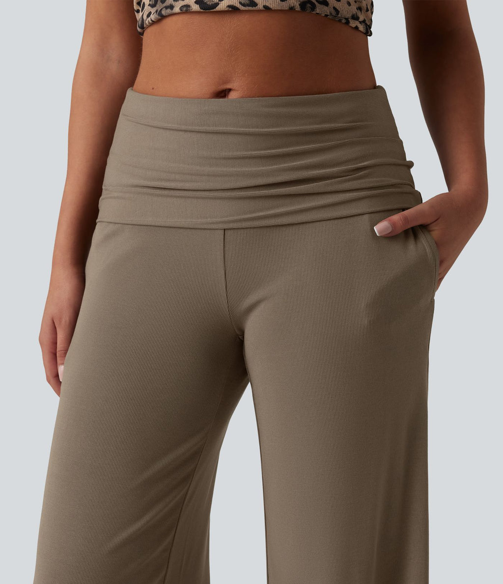 Pantalon ample décontracté en maille côtelée taille très haute rabattable avec poches