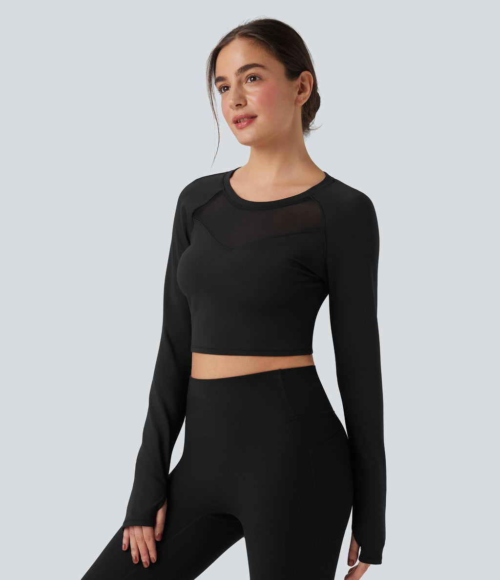 Haut de sport yoga court SoftlyZero™ Plush manches longues avec trous pour pouces et résille contrastante
