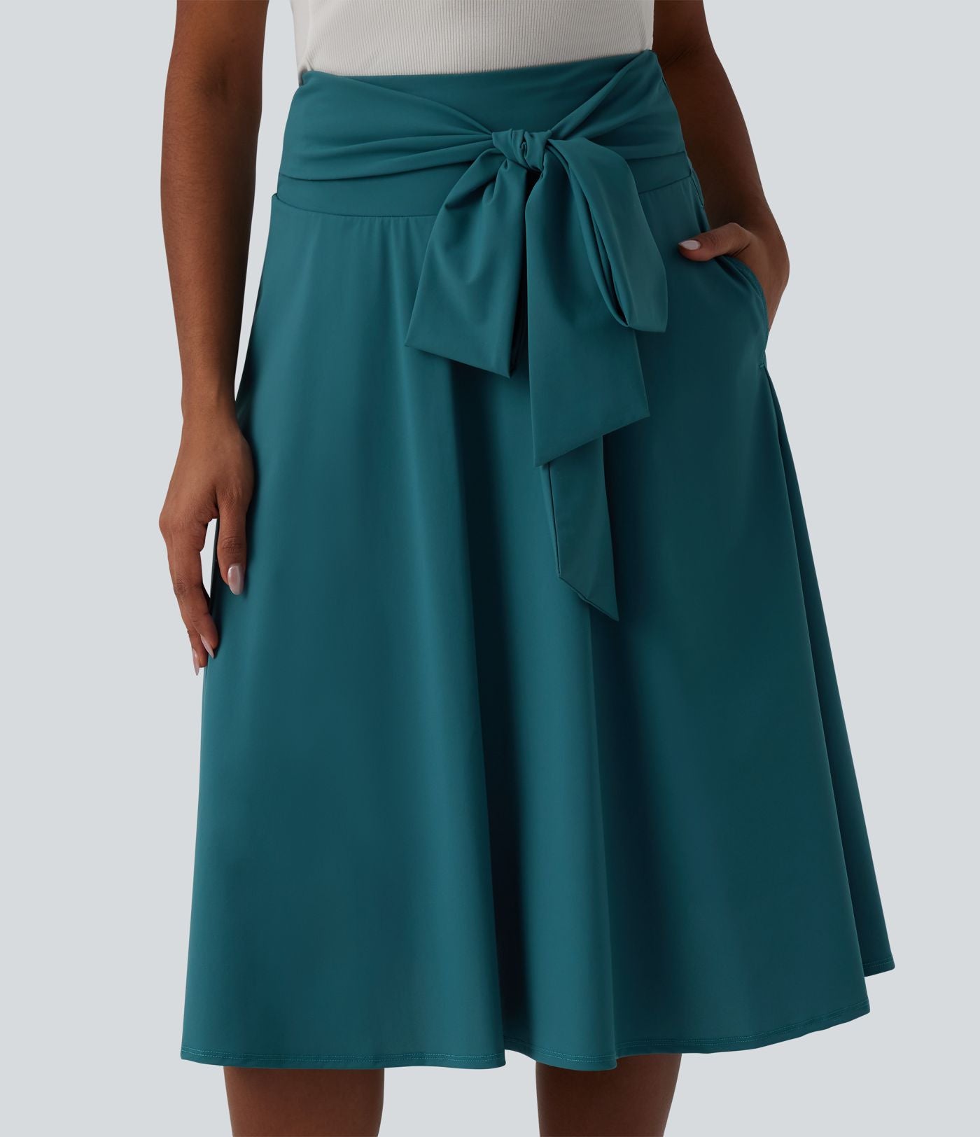 Jupe midi casual trapèze taille haute à nœud devant