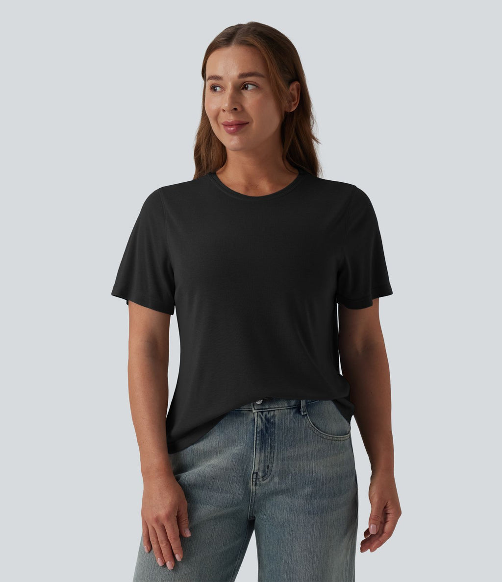 T-shirt décontracté ample à col rond et manches courtes en laine mélangée