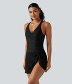 Robe de bain 2-en-1 gainante col V croisé avec fronces, ourlet asymétrique noué, mesh contrasté et brassière intégrée
