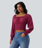Blouse casual froncée à col carré et manches bouffantes