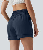 Short resort 12,5 cm taille haute effet lin avec ourlet roulotté et poches