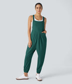 Salopette Casual Bretelles Ajustables Boutonnés Multiples Poches Plis et Tissu Gaufré