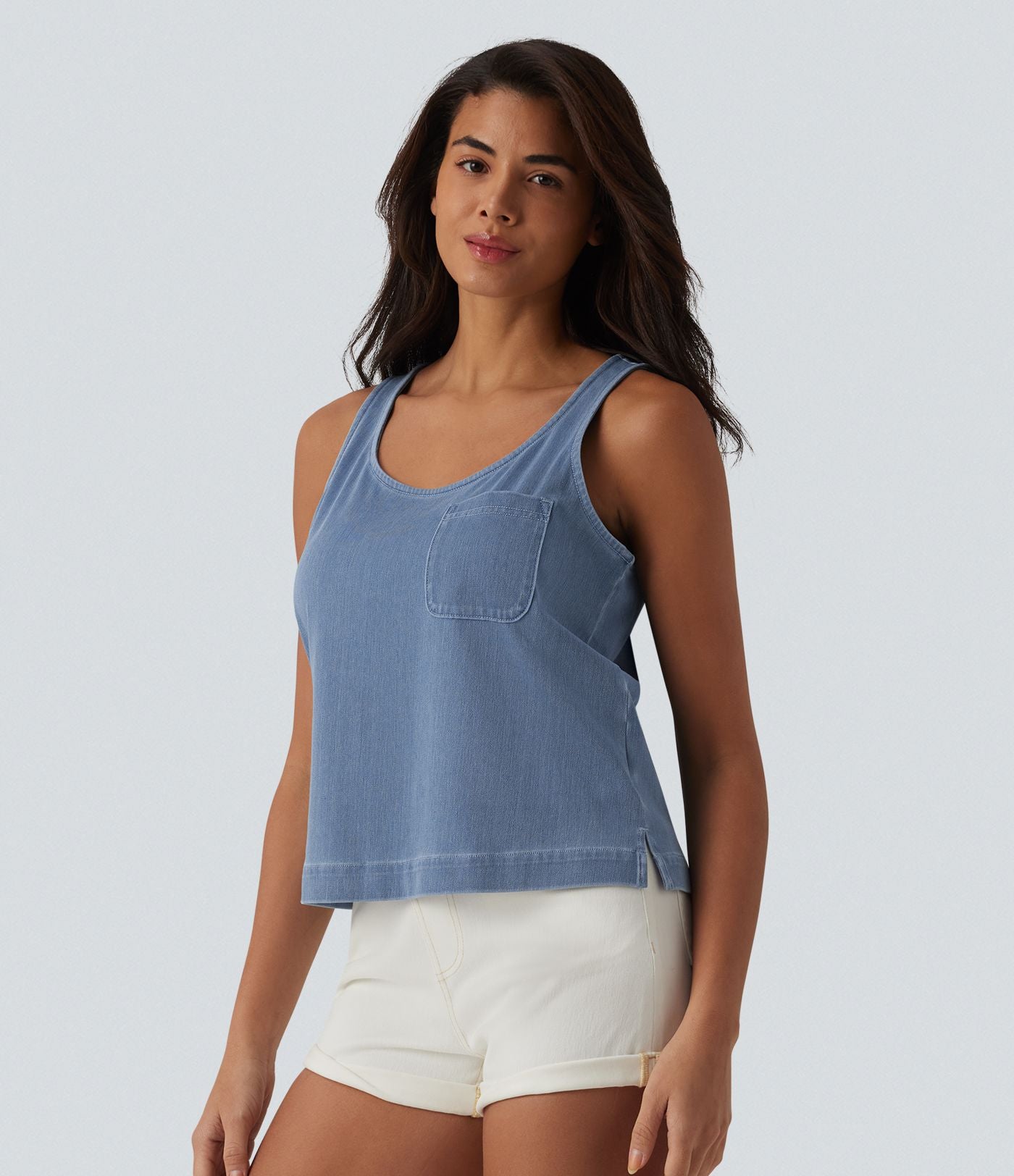 Débardeur décontracté en denim à col rond Halara Flex™ avec poche