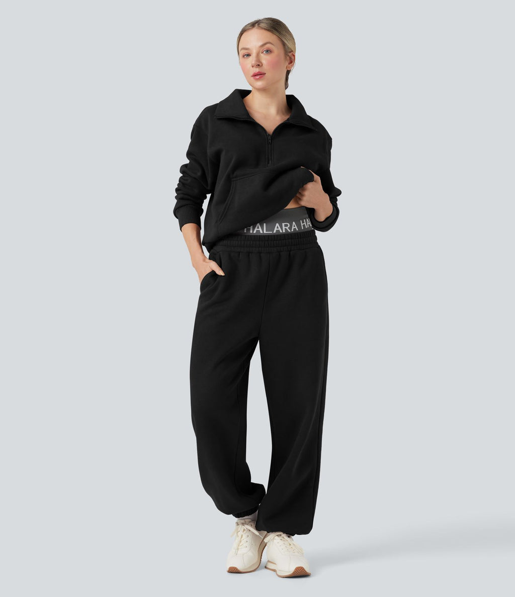 Jogging molleton taille haute repliable avec cordon de serrage et poches
