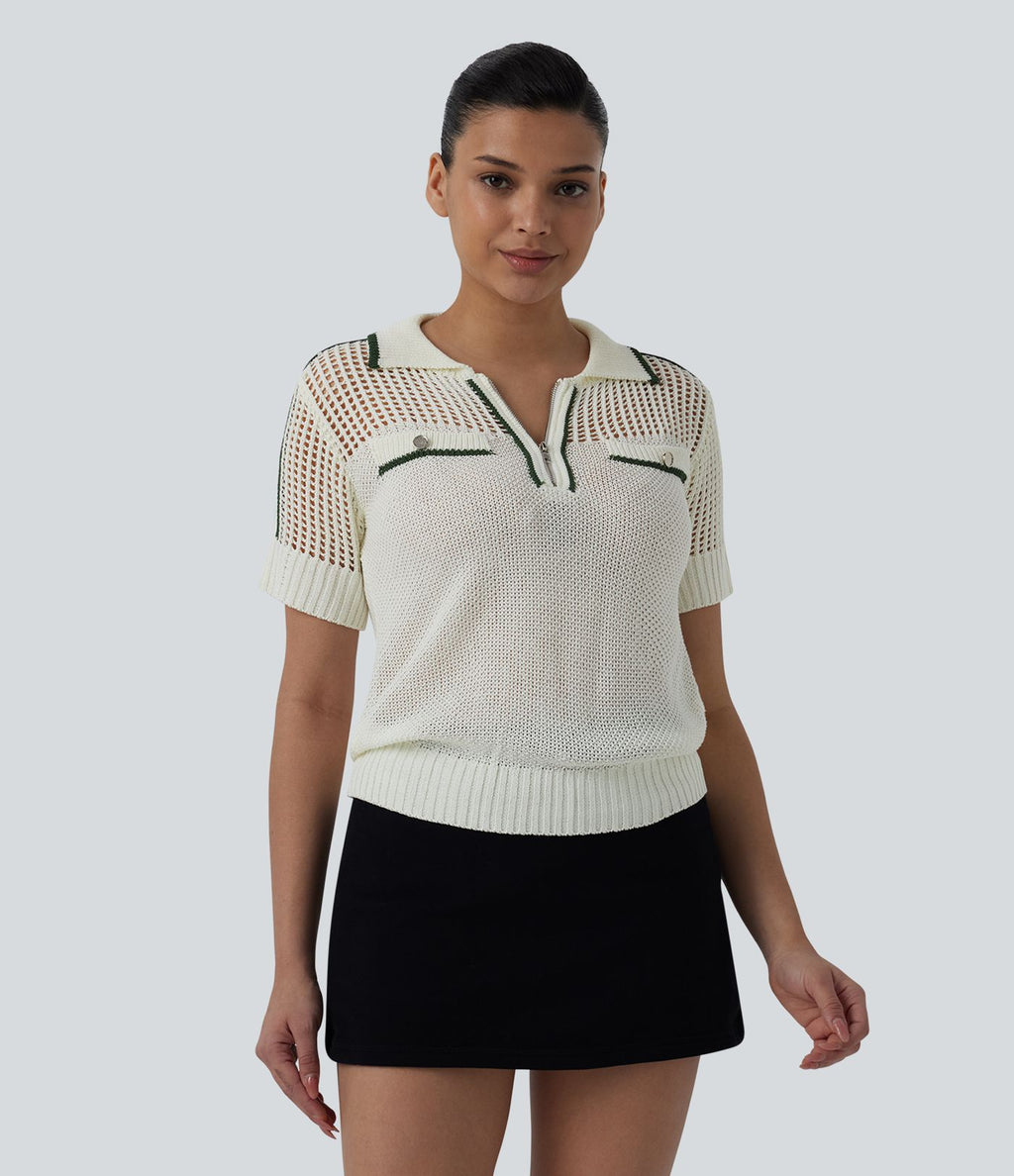 Pull casual manches courtes demi-zip découpes color block