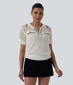 Pull casual manches courtes demi-zip découpes color block