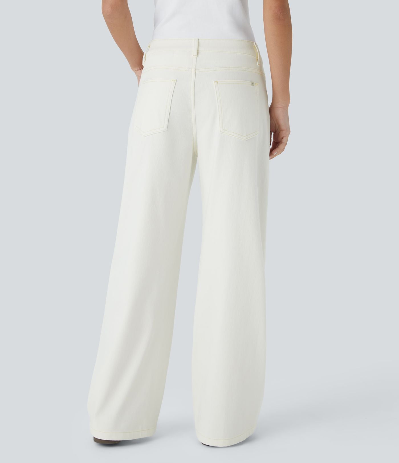 Halara Flex™ Jean Large Casual Taille Basse avec Boutons Zip Multiples Poches Lavés Élastiques et Tricotés