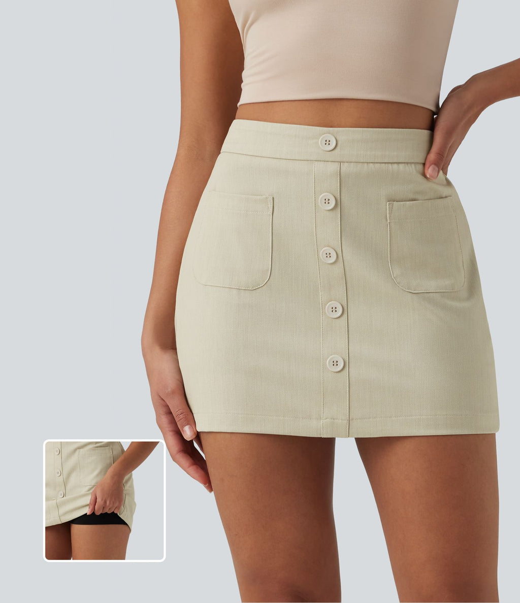 Jupe mini casual 2-en-1 moulante taille haute effet denim avec fermeture éclair invisible et poches