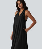 Robe midi décontractée col V avec poches