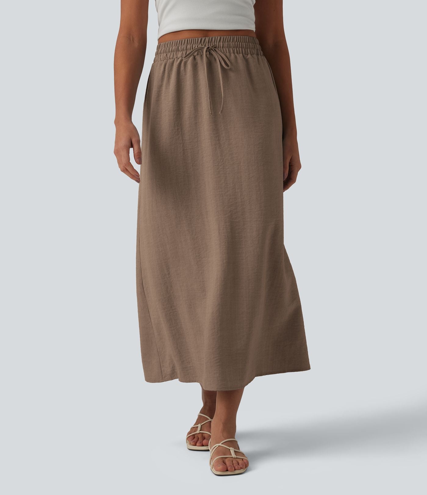 Jupe longue casual aspect lin taille haute avec cordon de serrage