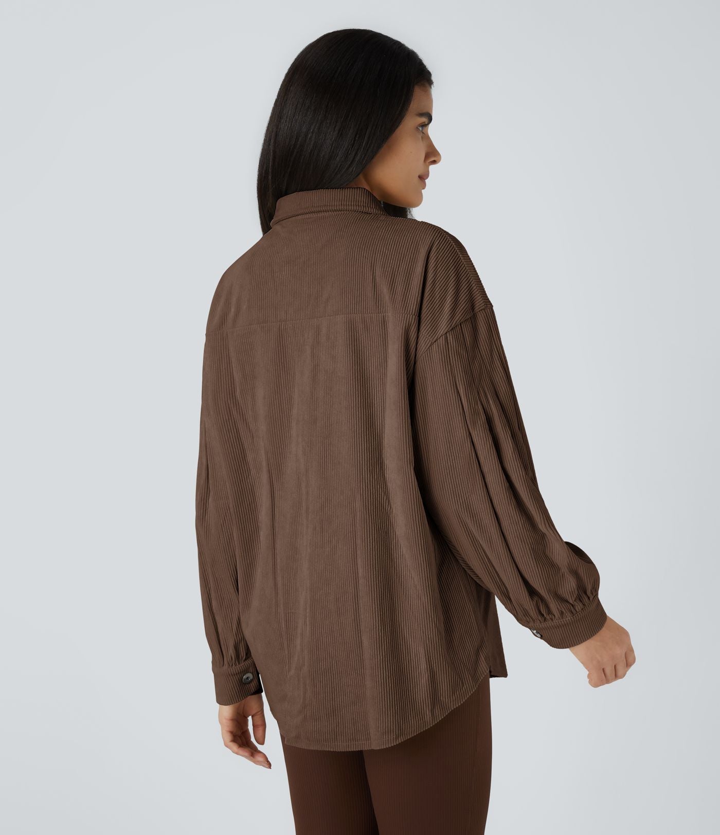 Veste Casual en Velours Côtelé à Col Boutonné Poches et Manches Longues Ourlet Courbé