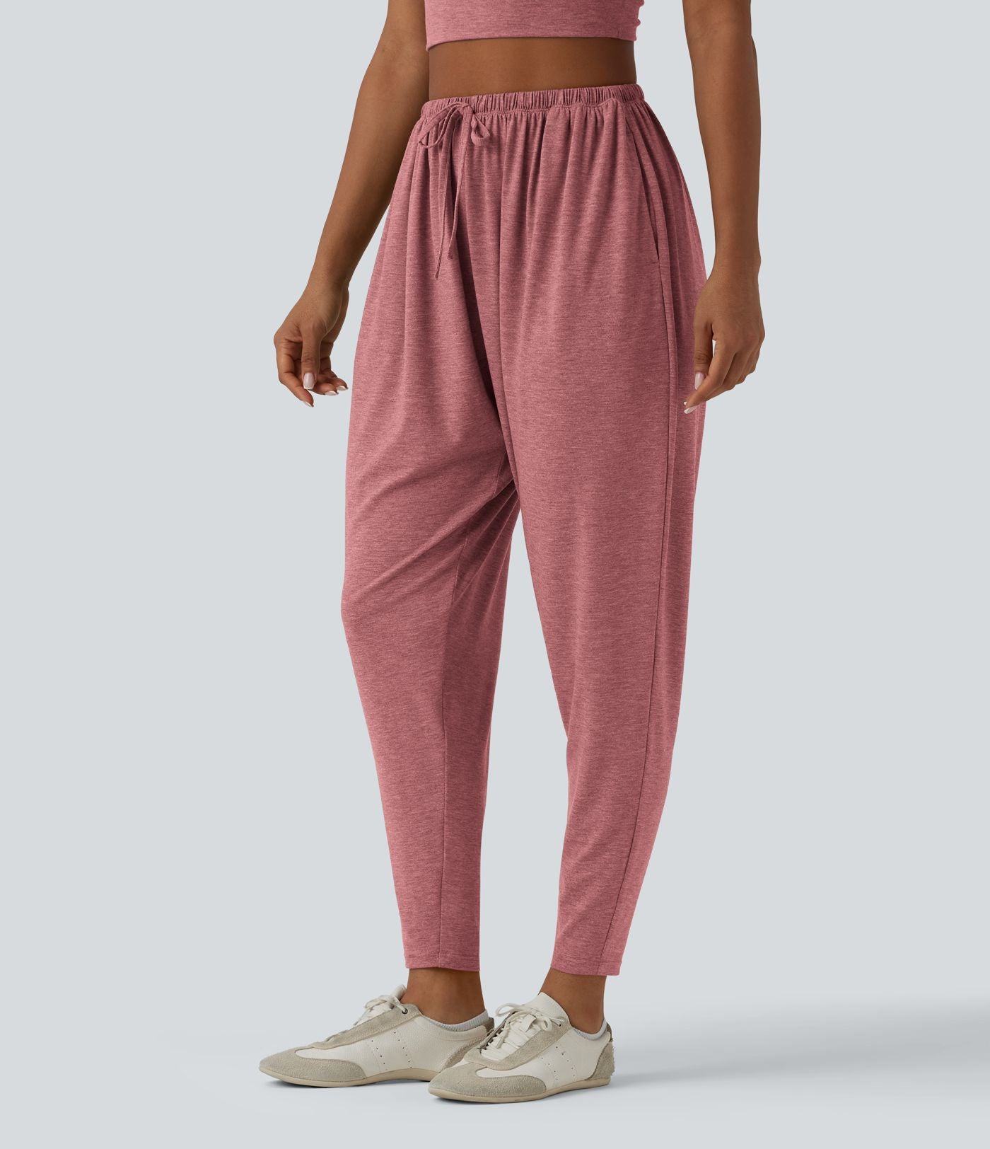 Pantalon sarouel décontracté chiné taille haute avec cordon de serrage et poches