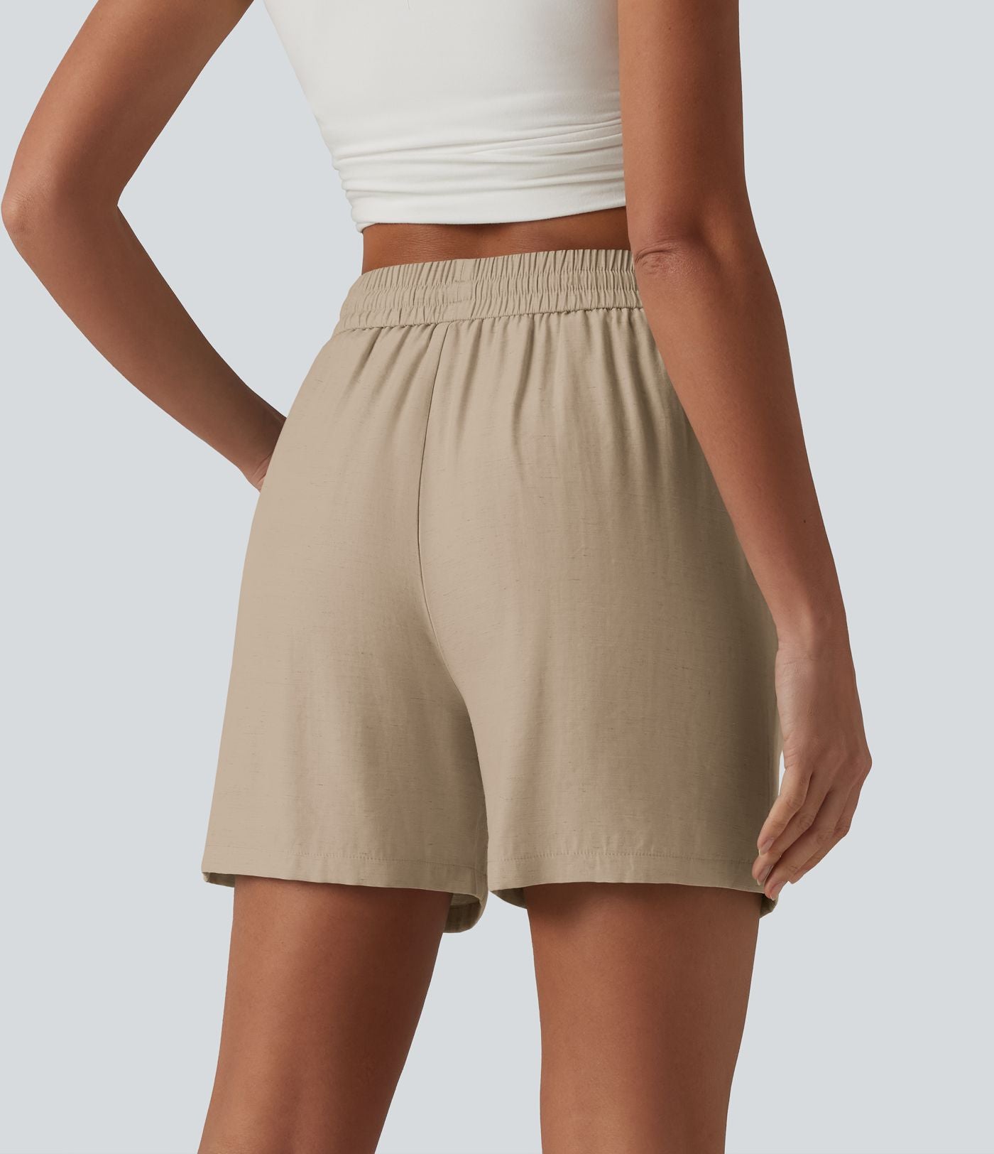 Short décontracté ample en lin mélangé taille haute avec cordon de serrage, 12,5 cm, et poches