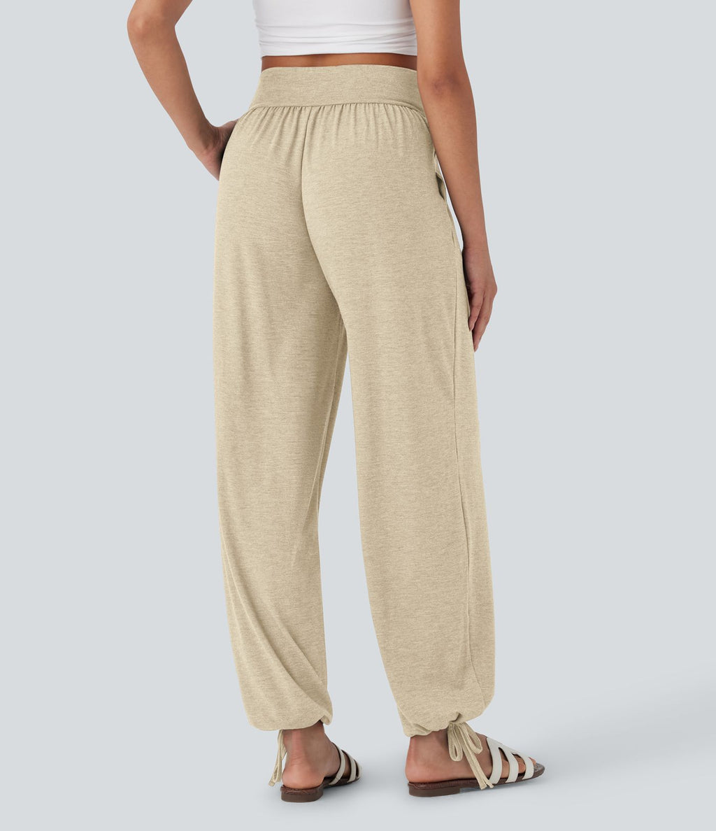 Pantalon de jogging décontracté à taille haute croisée avec poches latérales et cordon de serrage