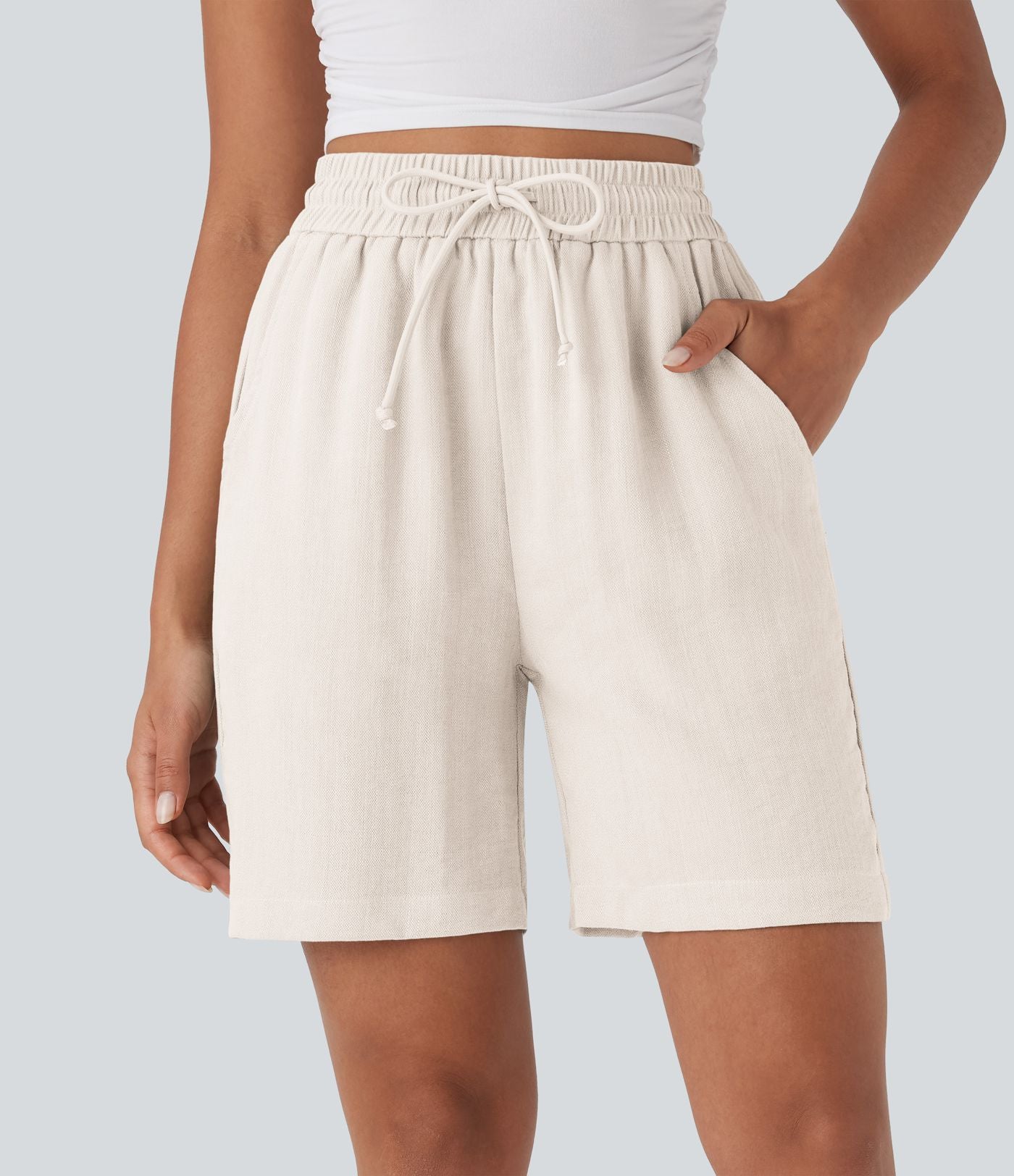 Short décontracté effet lin taille haute avec cordon de serrage et poches latérales