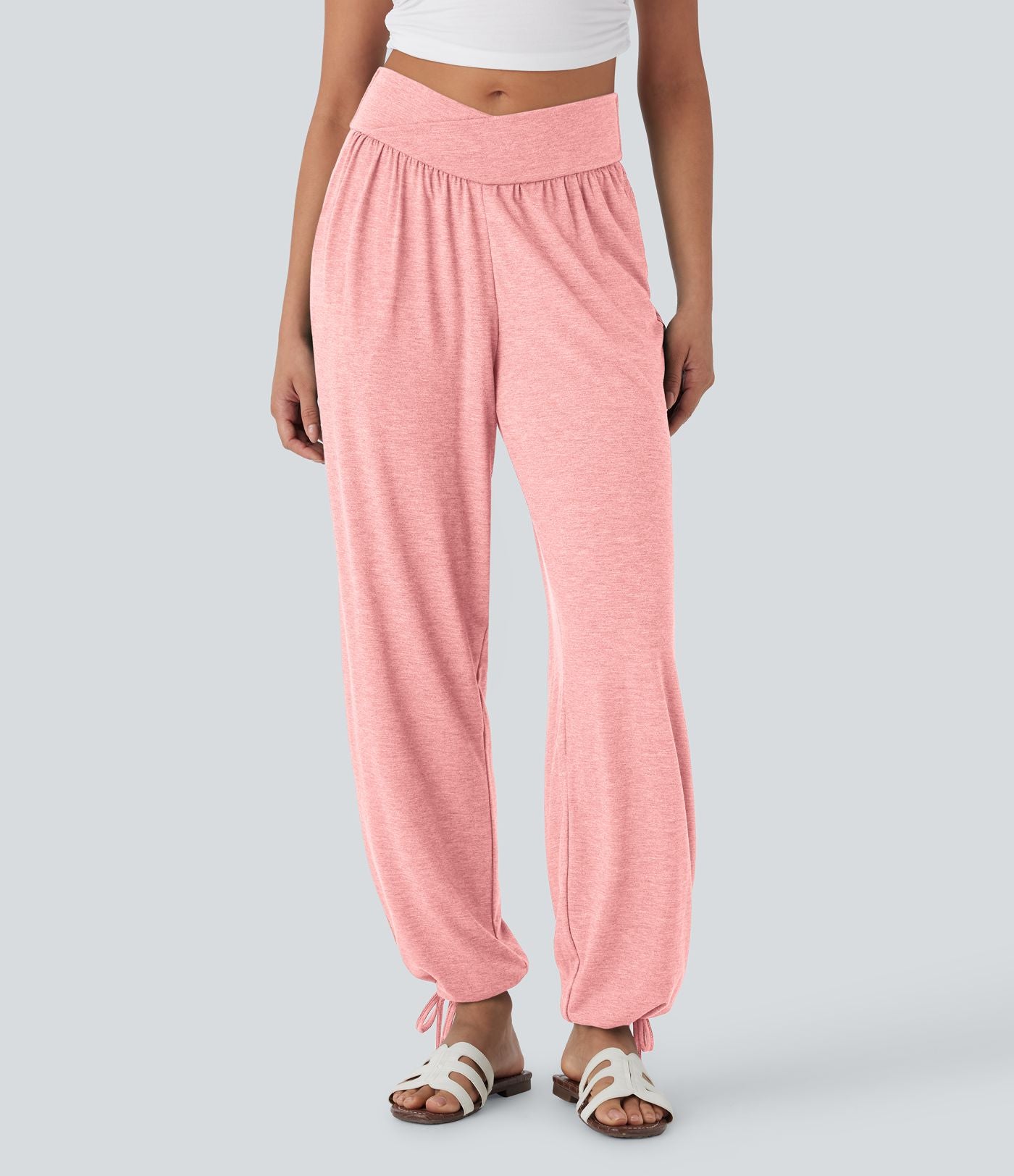 Pantalon de jogging décontracté à taille haute croisée avec poches latérales et cordon de serrage