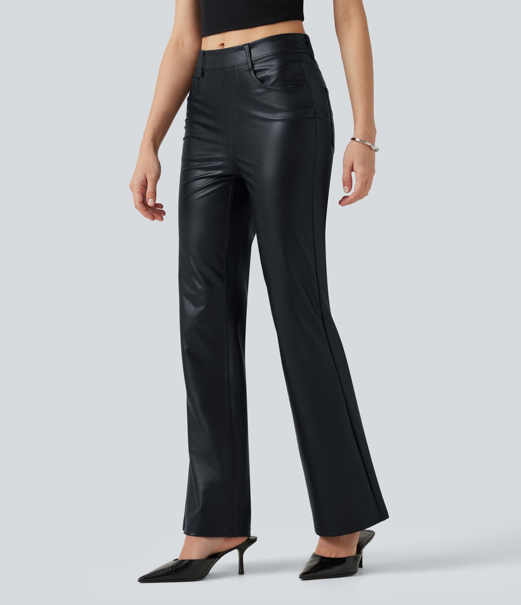 Pantalon bootcut taille mi-haute en simili stretch avec poches