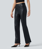 Pantalon bootcut taille mi-haute en simili stretch avec poches