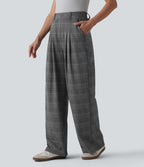 Pantalon large taille haute à carreaux pied-de-poule avec poches