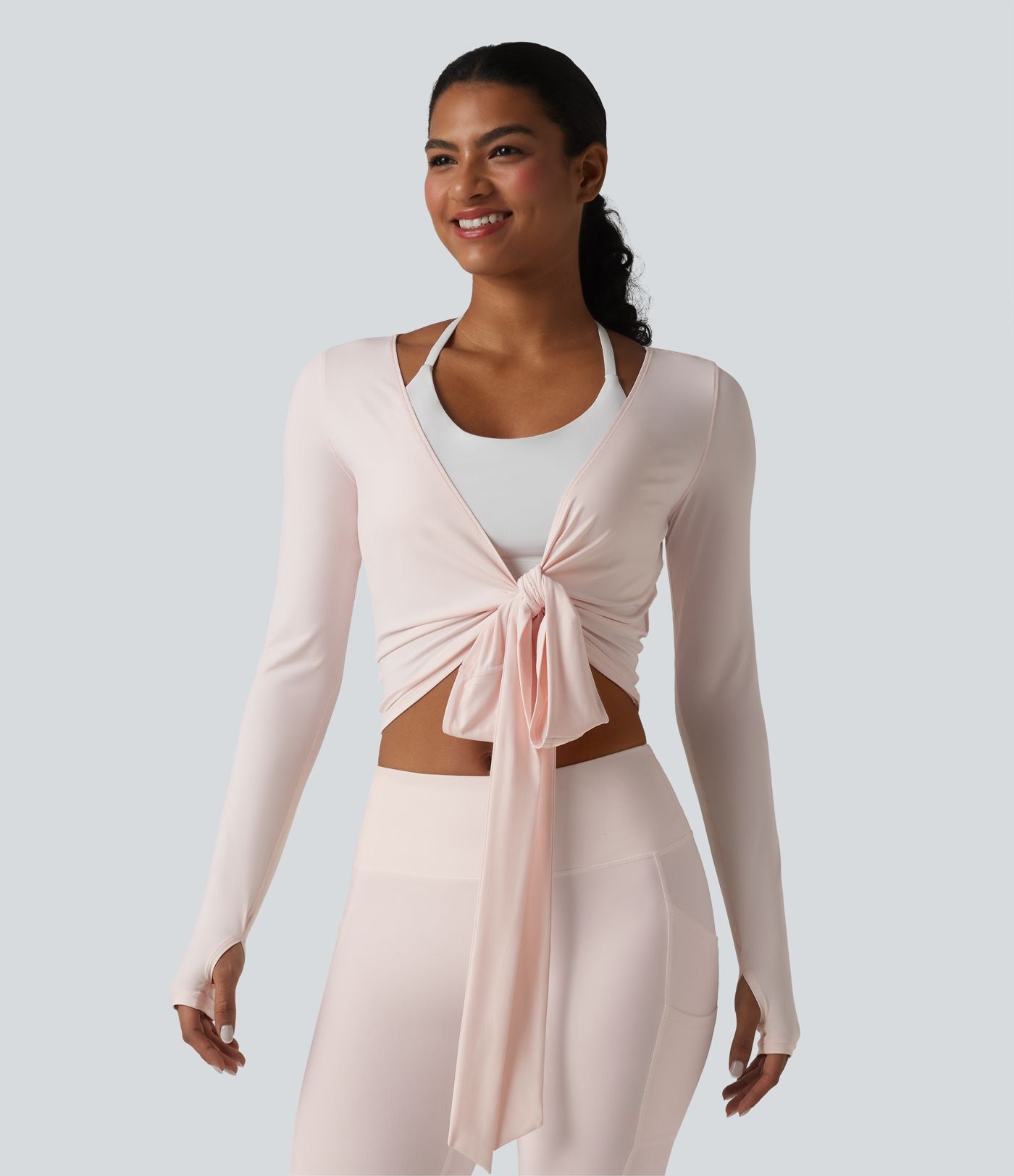 Haut de yoga à manches longues et bretelles croisées, toucher doux, protection solaire UPF50+