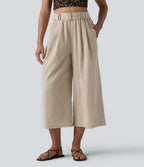 Pantalon large court casual taille haute avec ceinture aspect lin et poches