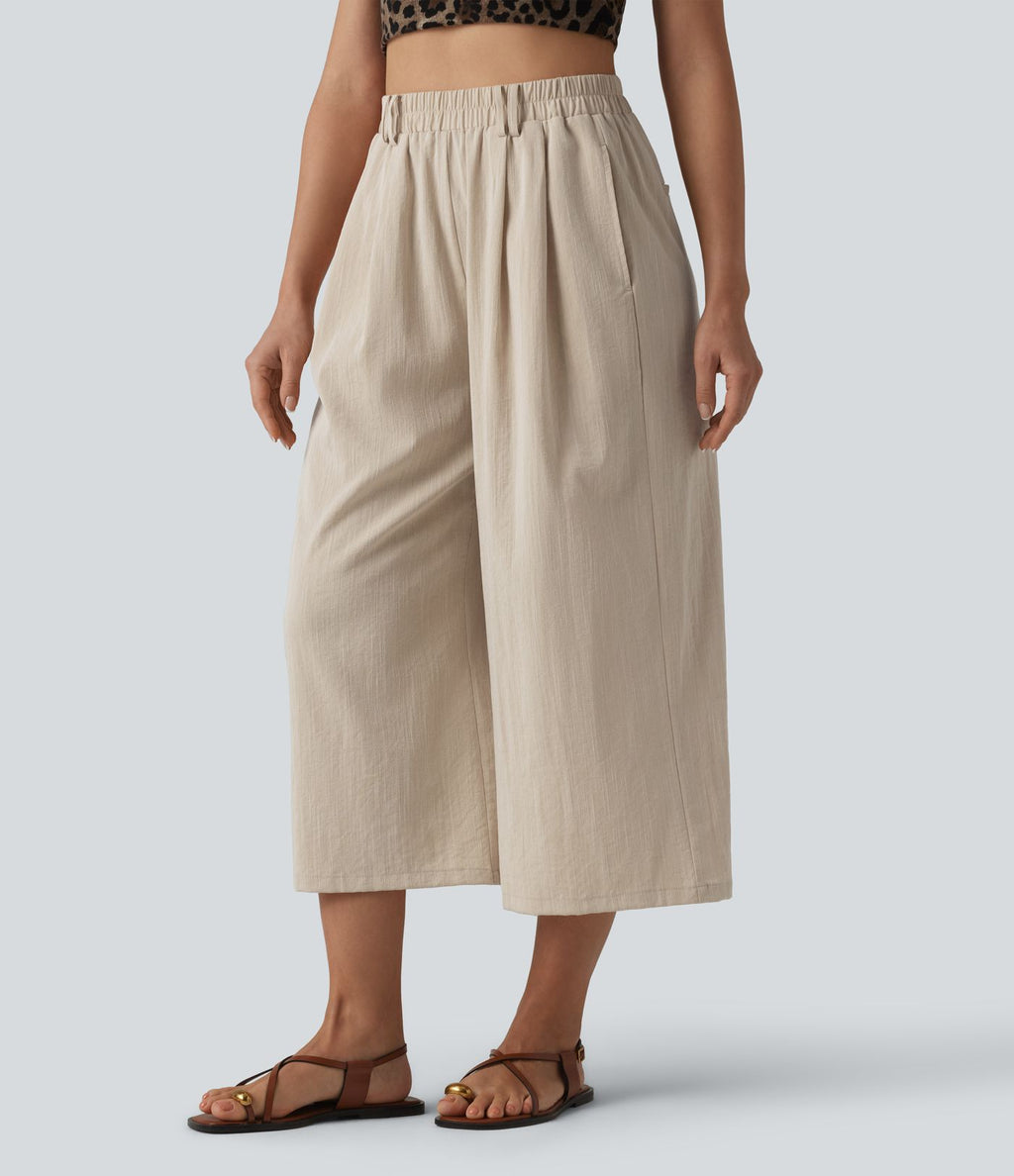 Pantalon large court casual taille haute avec ceinture aspect lin et poches