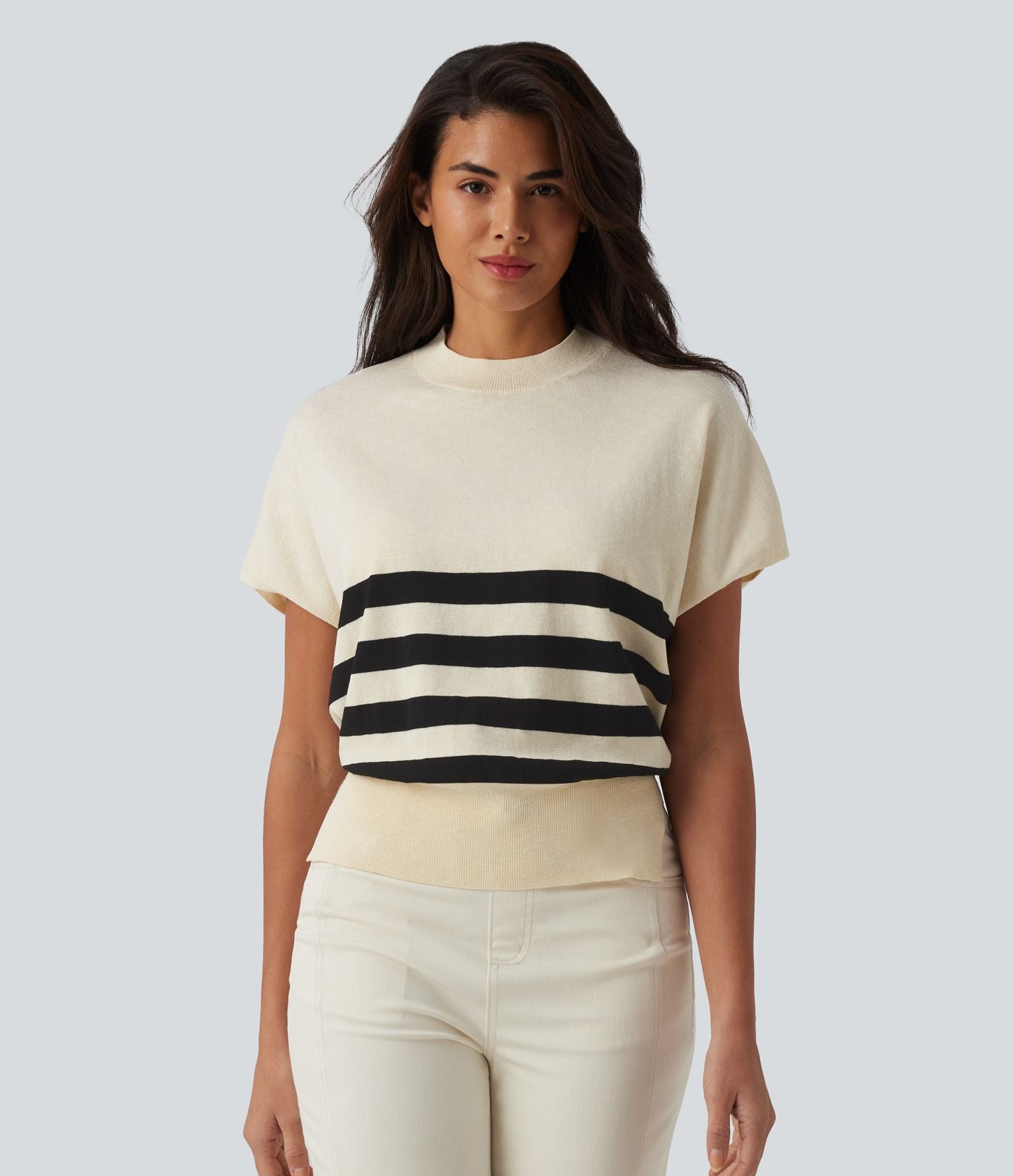 Pull casual col rond manches courtes à rayures