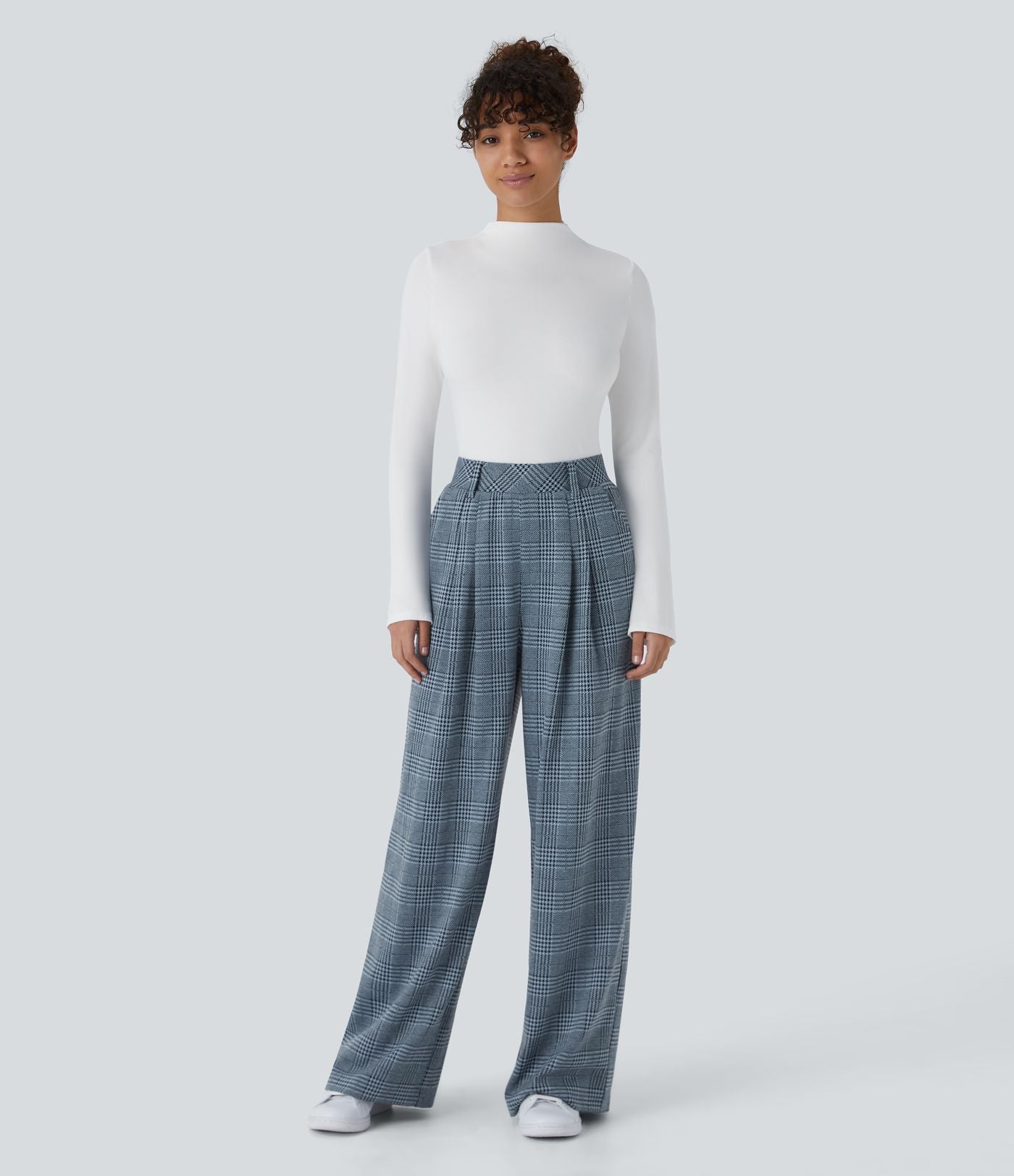 Pantalon taille haute décontracté large à carreaux, avec poches