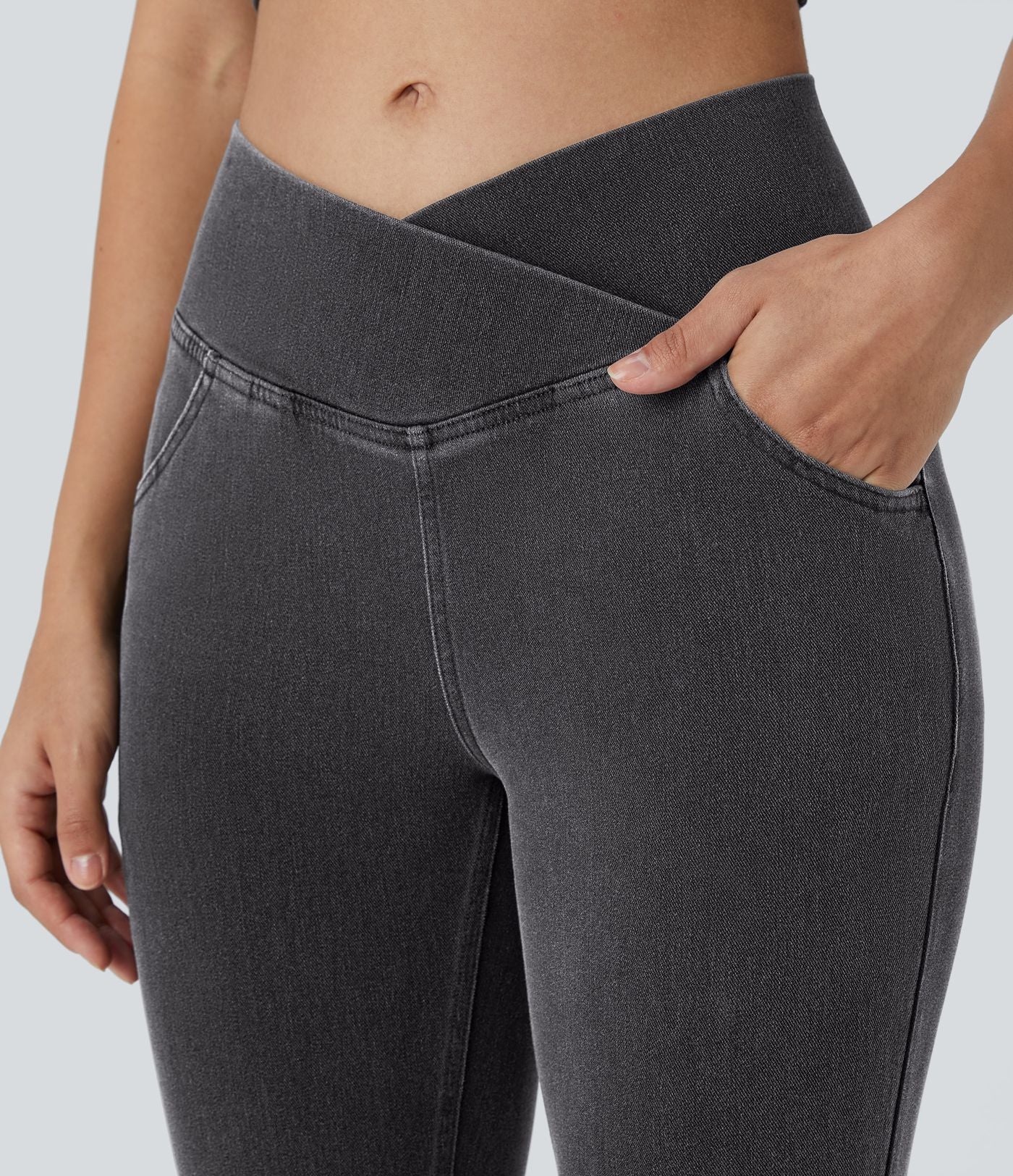 Jean super évasé Halara Flex™ décontracté maille denim extensible délavée effet frais InstantCool taille haute poches croisées