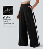 Pantalon large infroissable taille haute color block décontracté aspect lin avec poches