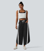 Pantalon de jogging casual large color block taille haute avec cordon de serrage, ourlet courbe et poches