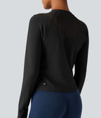 Top de sport yoga col rond manches raglan longues mesh contrastant