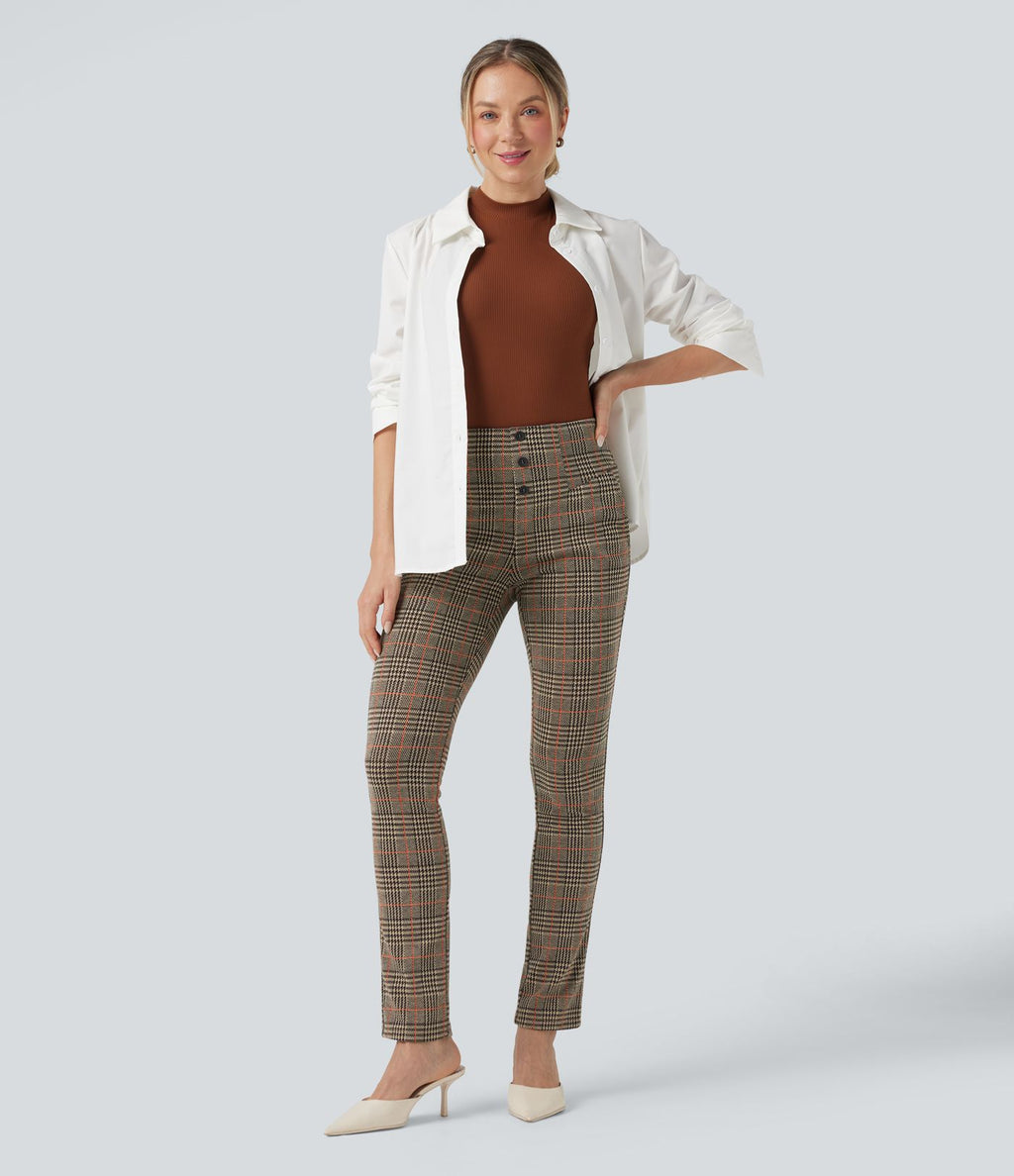 Halara Flex™ Pantalon tailleur Cintrés à Taille Haute avec Boutons Décoratifs Poches Latérales et Imprimé Pied-de-Poule