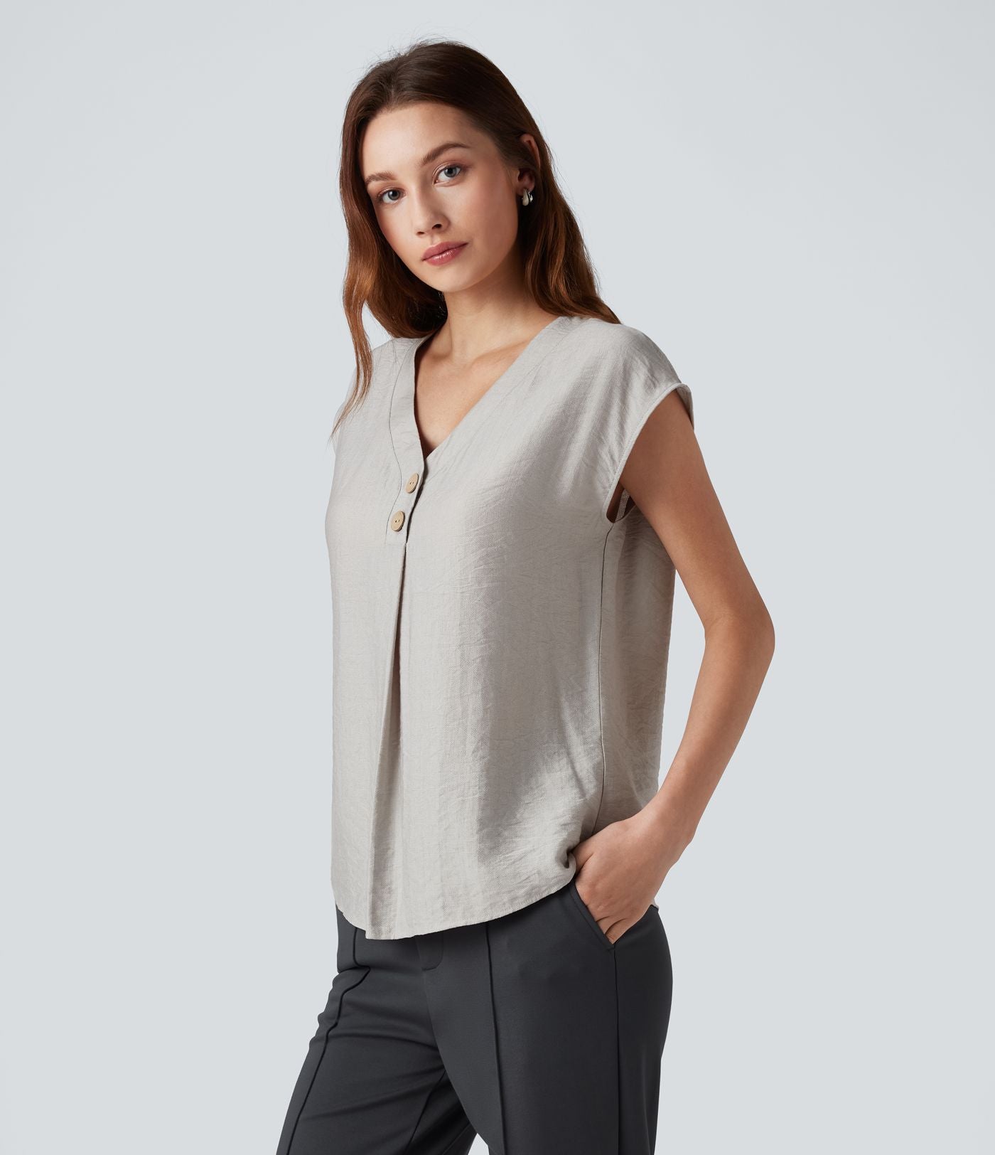 Blouse de Travail Col V Manches Courtes avec Boutons Décoratifs