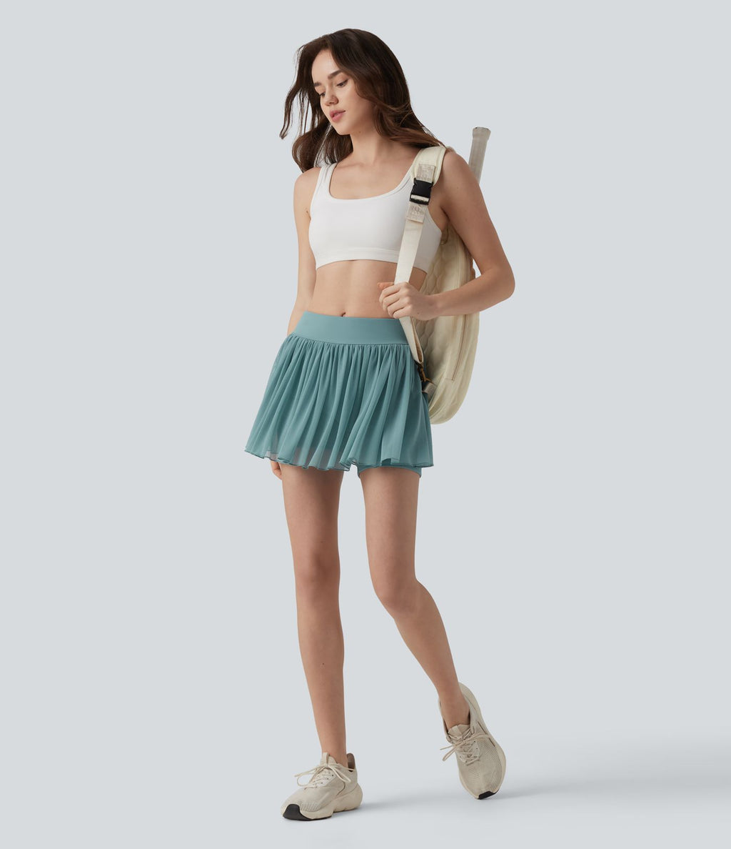 Jupe-short de tennis mini 2-en-1 taille mi-haute mesh contrasté avec poche