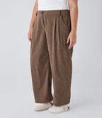 Pantalon Casual Grande Taille Velours Côtelé Taille Mi-haute Boutonnés Fermeture Éclair Poches Latérales