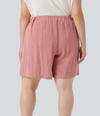 Bermuda décontracté grande taille aspect lin taille haute avec poches