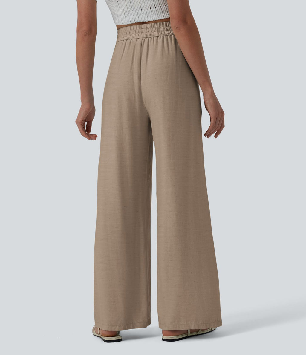 Pantalon casual large fluide mélange lin taille haute avec cordon de serrage et poches