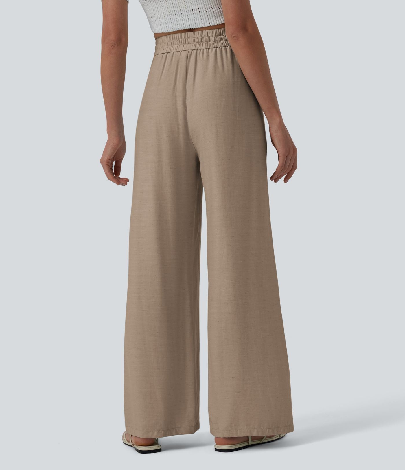 Pantalon casual large mélange lin taille haute avec cordon de serrage et poches
