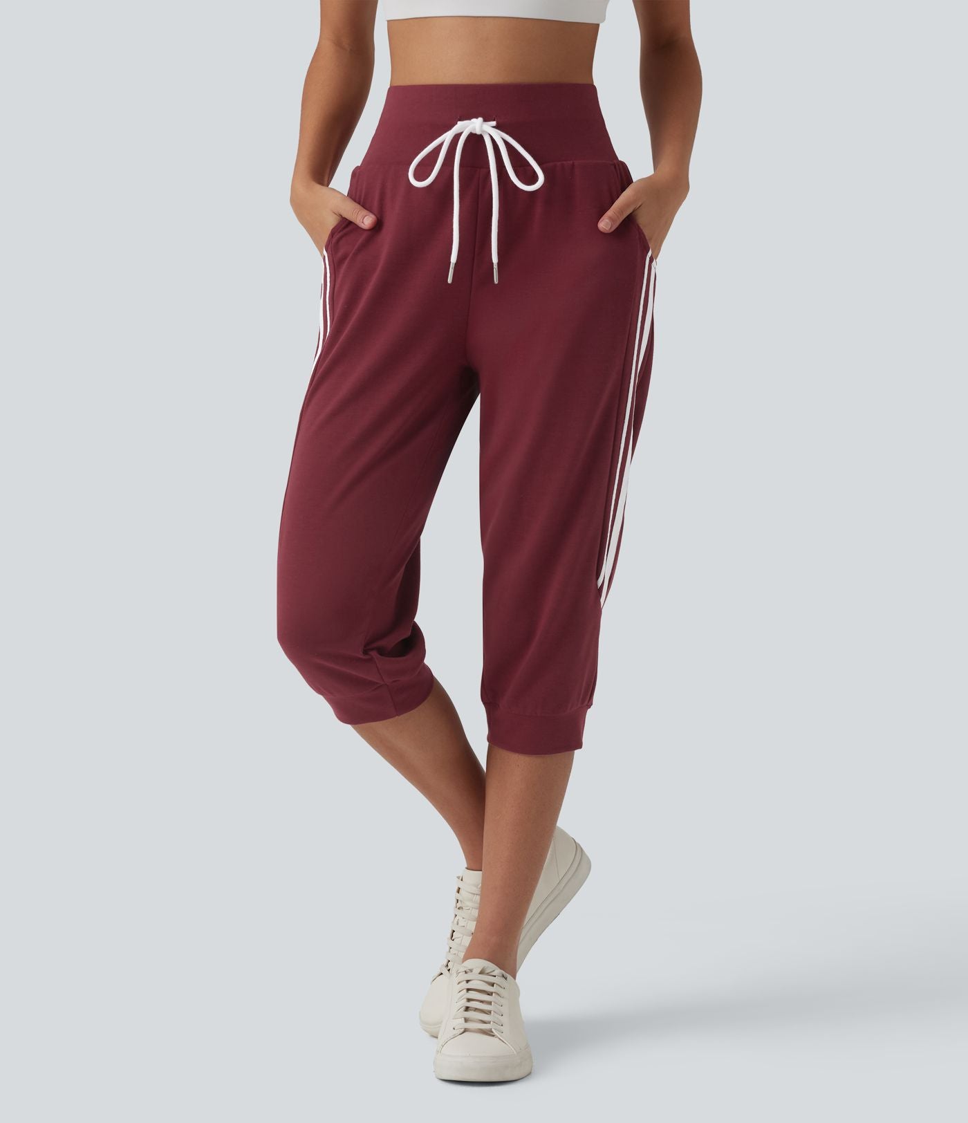 Jogging casual capri à rayures taille haute avec cordon de serrage et poches