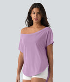 Top de sport yoga asymétrique à épaule dénudée manches courtes ourlet arrondi et coupe asymétrique à séchage rapide – Soutien-gorge intégré