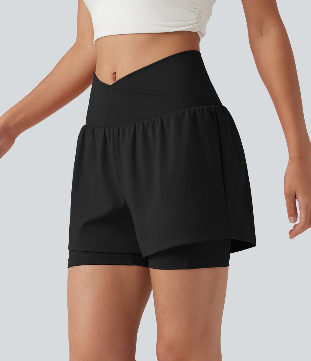 Short de yoga 2-en-1 taille haute croisée en SoftlyZero™ Airy à effet frais InstantCool 12,5 cm avec poches