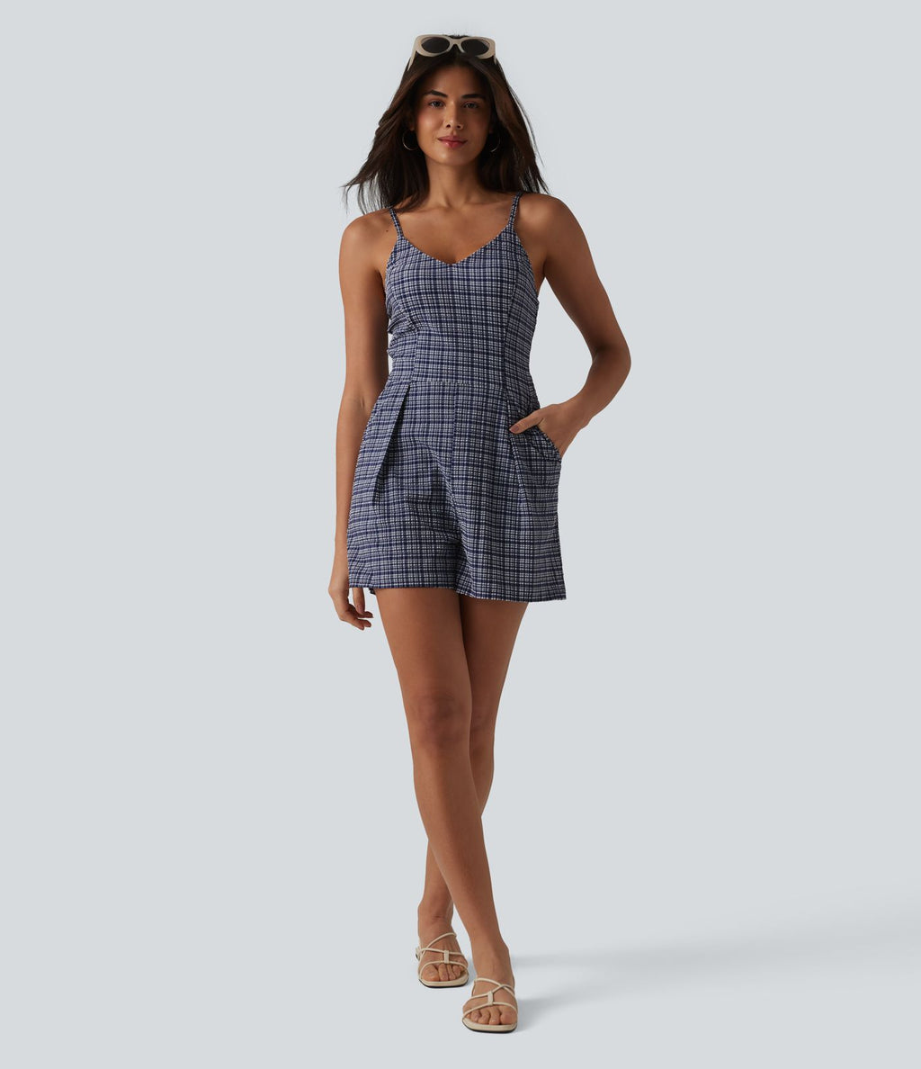 Combinaison-short à carreaux froissée, sans manches, col en V, séchage rapide, avec poches - Easy Peasy
