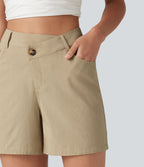 Short taille haute croisé décontracté en lin stretch 12,5 cm avec poches